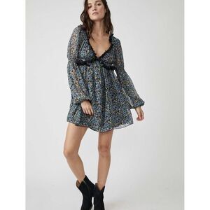 Free People NWT Shirred Mini Dress Sz M Floral Smocked Balloon Sleeve MSRP $138‎